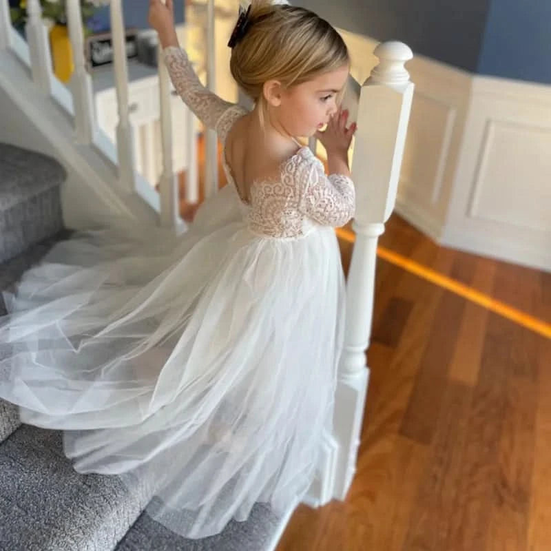 New Summer Elegant Flower Girl White Wedding Lace white girl long dress Sleeve Mesh Girl Princess Dress backless girls aged 8-12 - M & M Global