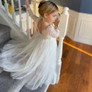 New Summer Elegant Flower Girl White Wedding Lace white girl long dress Sleeve Mesh Girl Princess Dress backless girls aged 8-12 - M & M Global