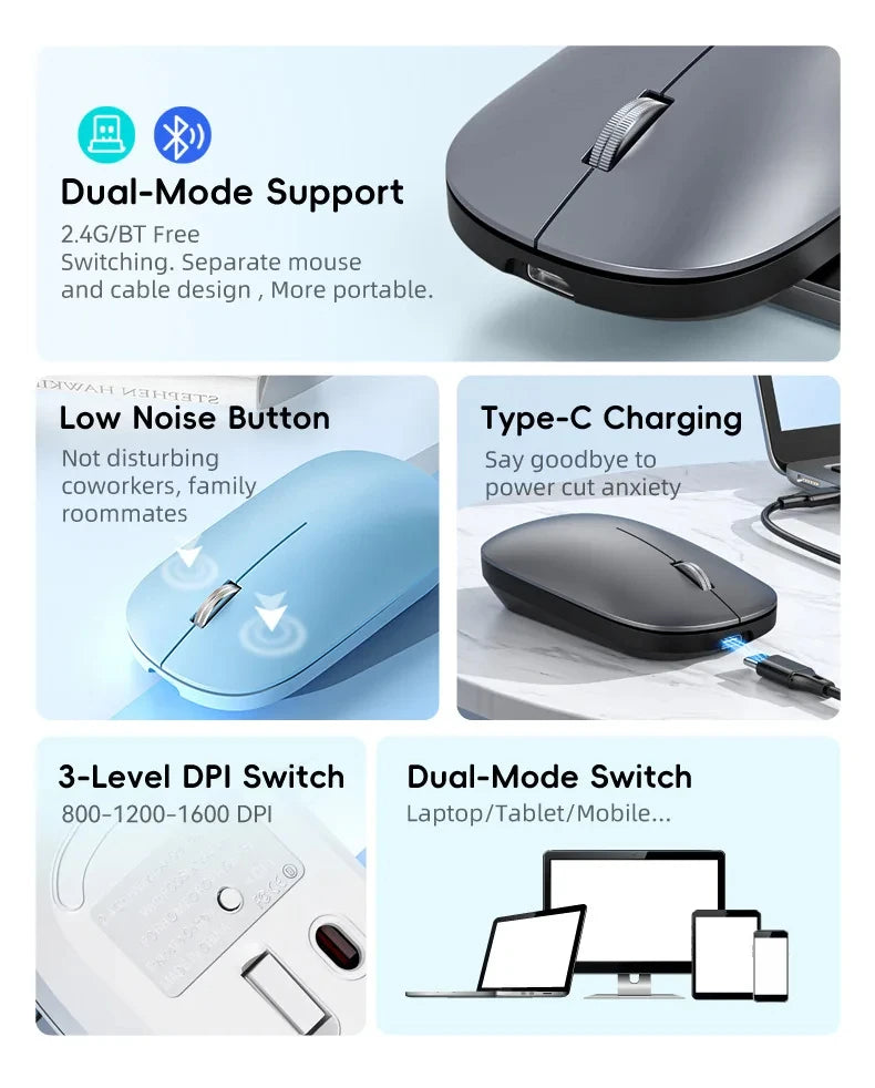 Xiaomi Silent Dual-mode Wireless Mouse Type-C Charging 2.4g Dpi Adjustable Rechargeable Ergonomic Morandi Portable Office Mouse