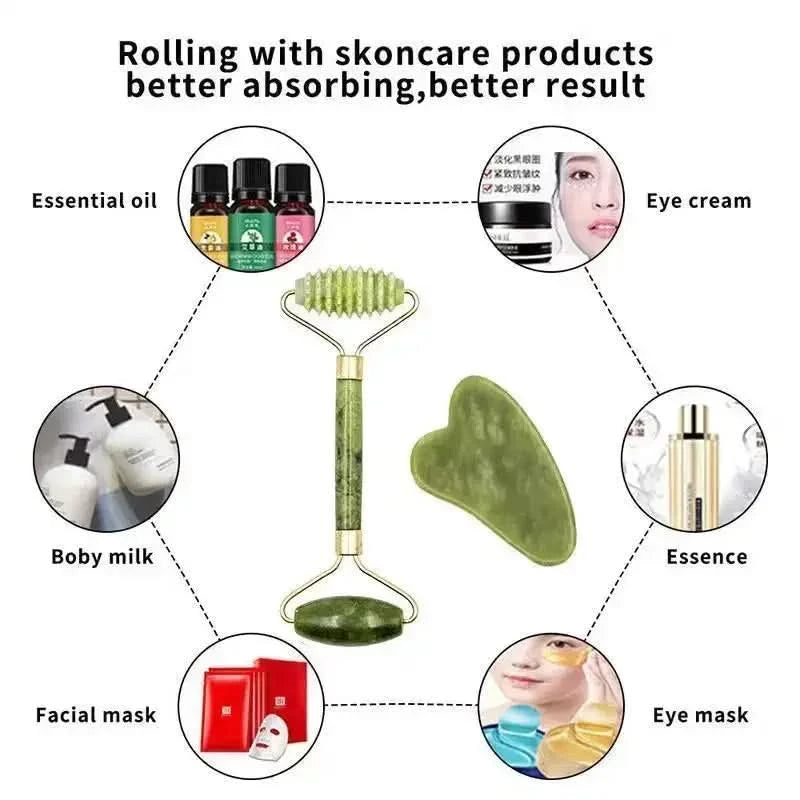 Jade Massagers For Face Body Gua Sha Scraper Beauty Facial Roller Set Natural Gouache Stone Massage Slimming Skin Care Lift box - M & M Global
