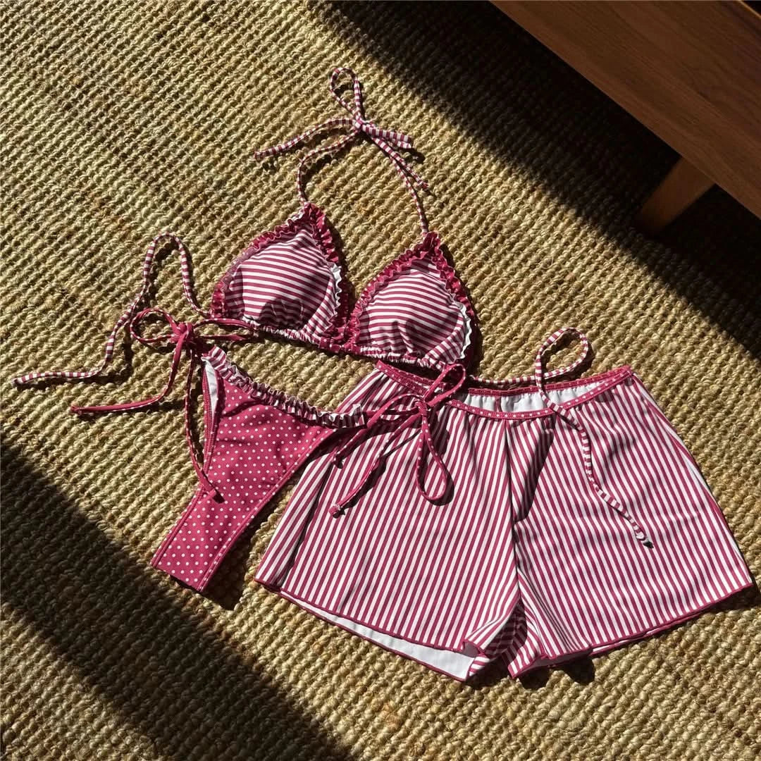 New Striped Polka Dot Halter Shorts Bikini Female Swimsuit Women Swimwear Three-pieces Bikini set Bather Bathing Suit Swim V6384 - M & M Global