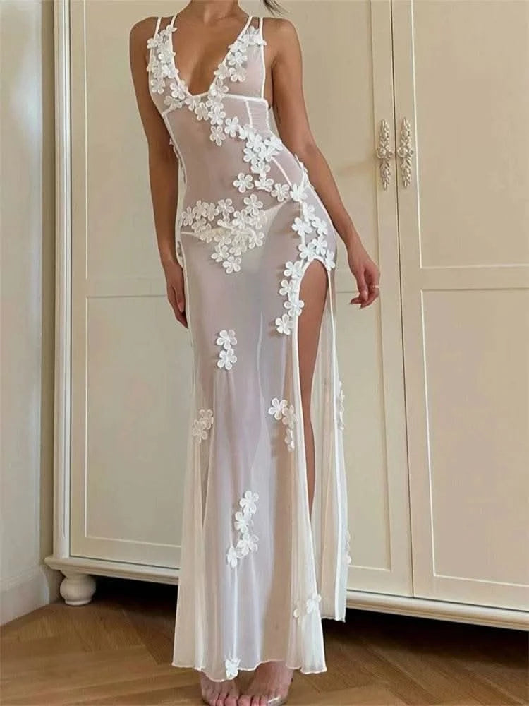 CHRONSTYLE Flowers Long Dress for Women Sexy Sleeveless Strap Dress High Split Backless Mesh See Through Vestidos Party Clubwear - M & M Global