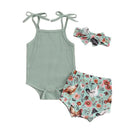 Toddler Girl 3 Piece Summer Set Floral Print Sleeveless Romper with Ruffle Trim Denim Shorts Bow Headband Outfit - M & M Global