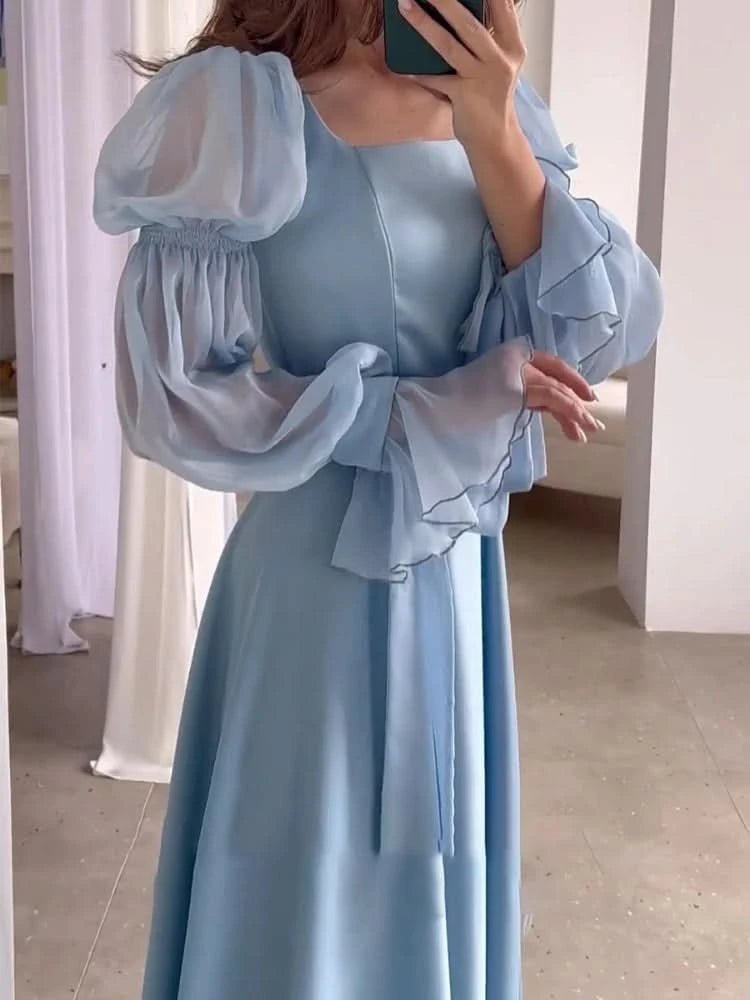 Eid Muslim Party Dress Women Sweet Puff Sleeve Long Dress Square Collar Vestidos Largo Ramadan Abayas Dubai Arab Long Robe 2024 - M & M Global