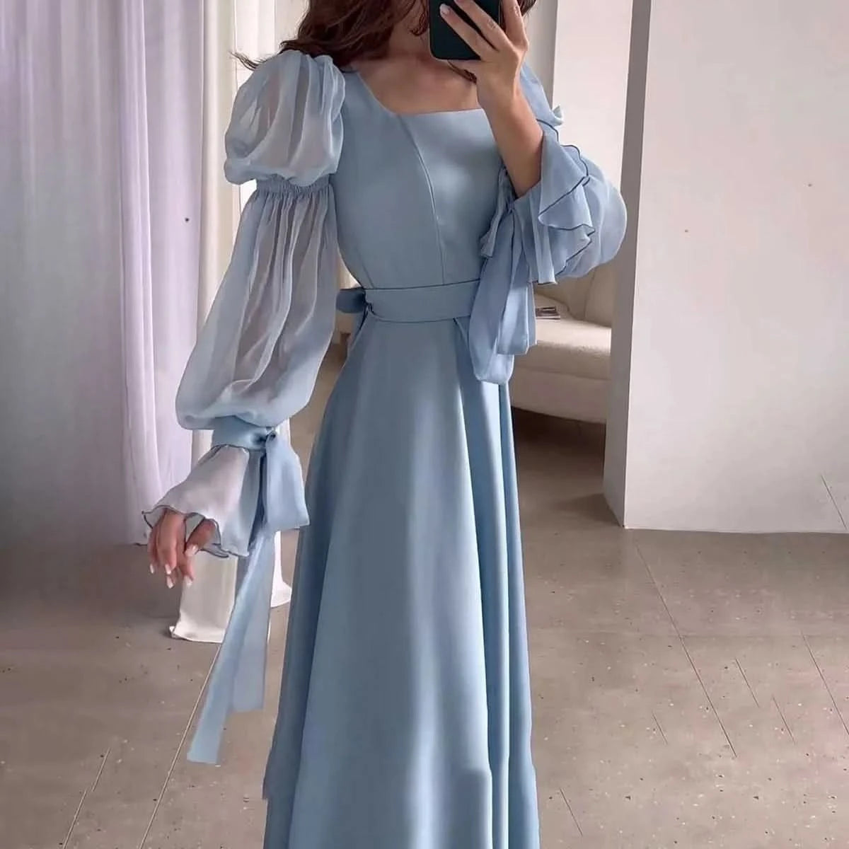 Eid Muslim Party Dress Women Sweet Puff Sleeve Long Dress Square Collar Vestidos Largo Ramadan Abayas Dubai Arab Long Robe 2024 - M & M Global