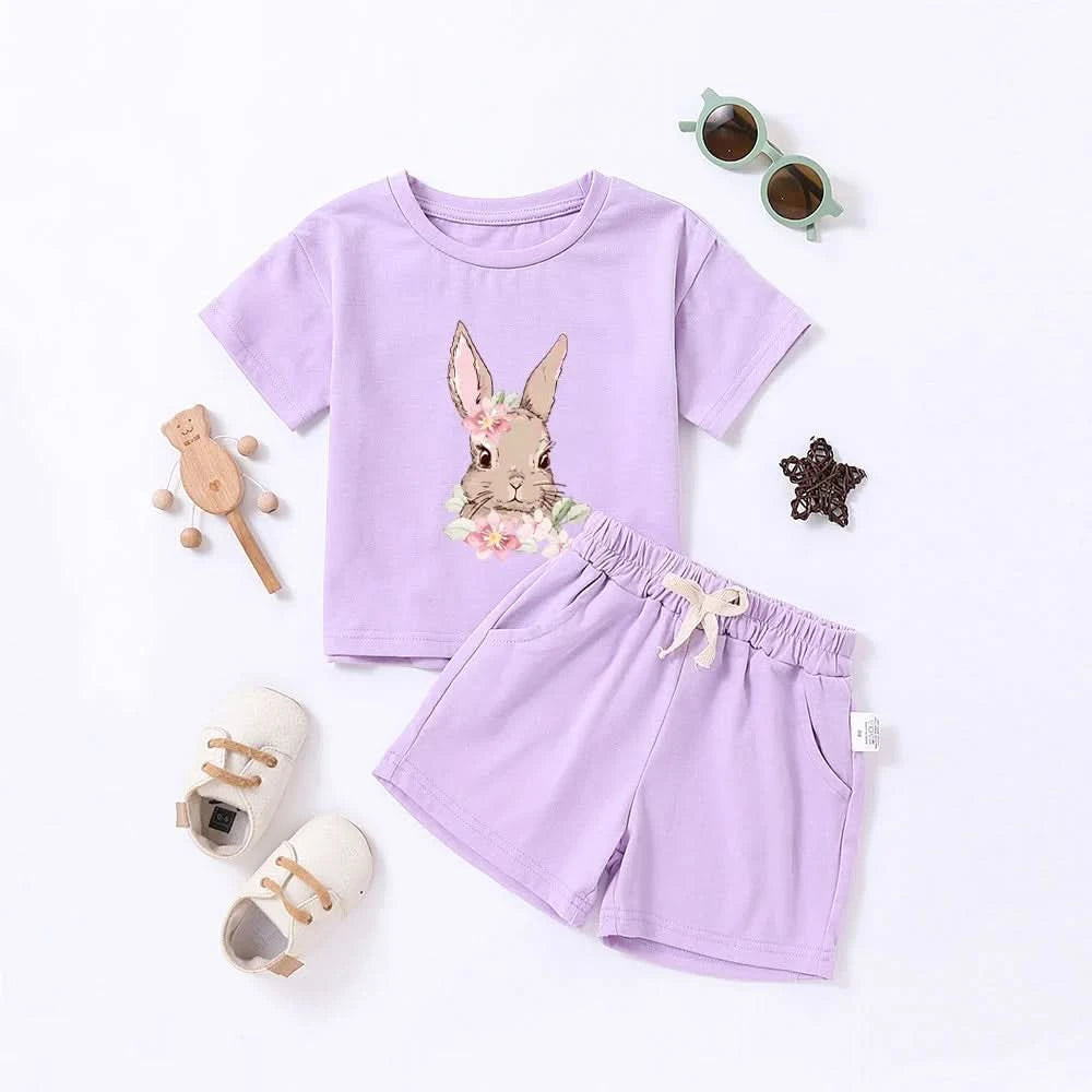 Hot Selling Children's Printed Summer Set Cute Rabbit Baby Boy And Girl Summer Clothing Children's Pure Cotton T-shirt Set - M & M Global