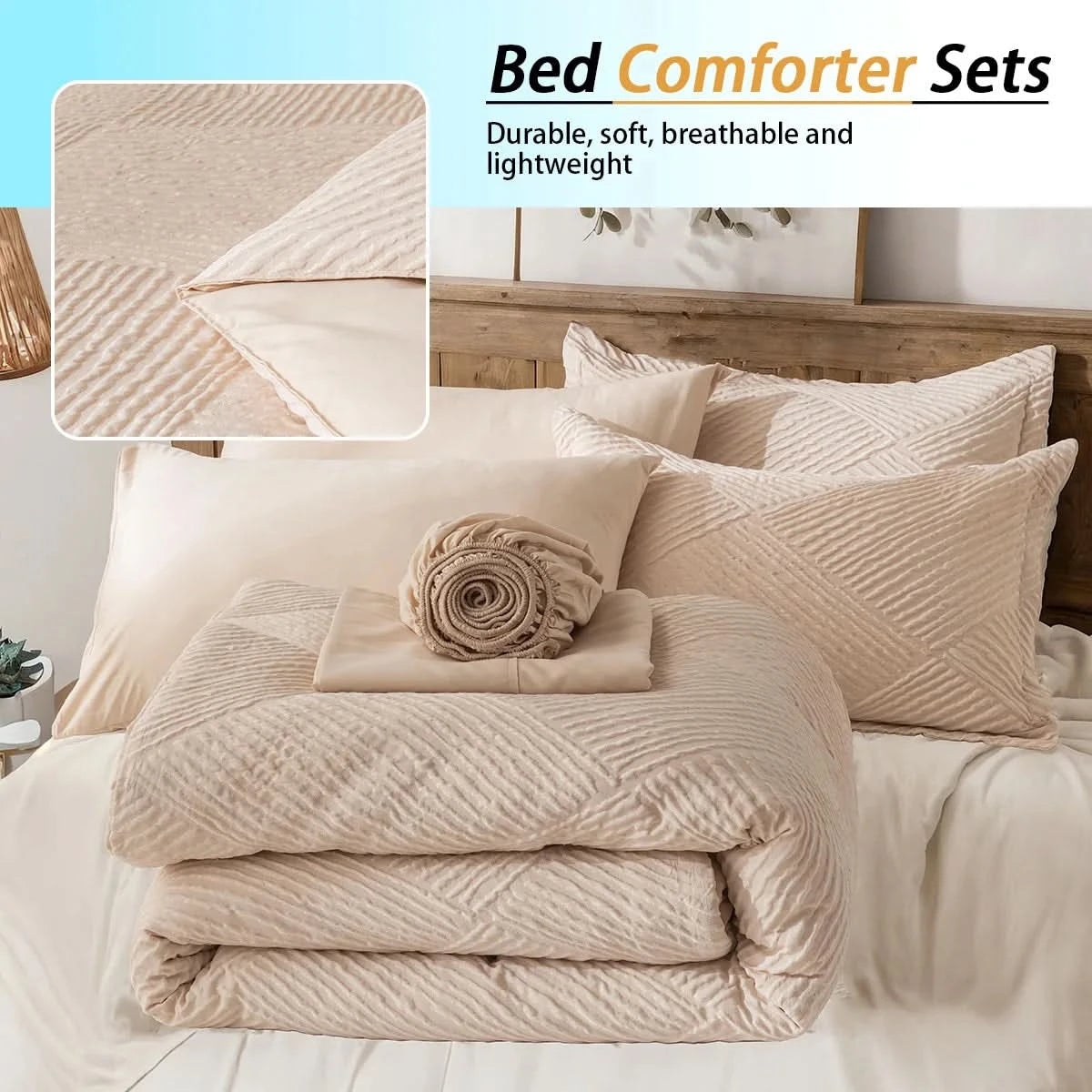solid striped check Comforter set, soft microfiber, lightweight and breathable, easy to care for - bedding set for all seasons