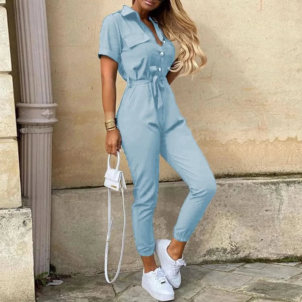 Women's Monochromatic Belt Workwear Jumpsuit, Casual Pants, Flip Collar, Buckle, European and American, Summer, 2024 - M & M Global