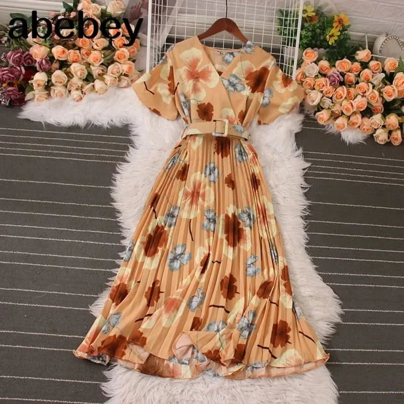 Women Dress Fashion Vintage Ins Bandage Slim Waist A-line Long Dress Vacation Beach Summer Outfits Lady Robe Femme - M & M Global