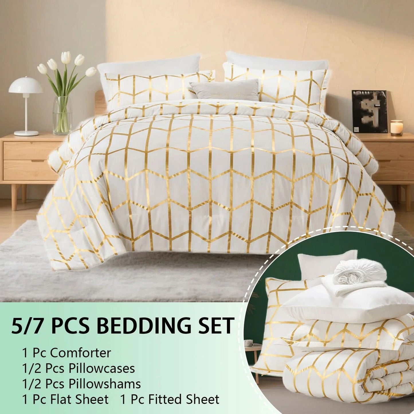 5/7 pcs bedding set with geometric pattern on a bed in a bedroom setting.
Comfora Cozy Bedding Set
sage green bedding
white bedding set
comforter set queen
floral duvet cover
Comfora Cozy Bedding Set
plush comforter set cozy pack
ultra-soft all-season comforter and shams
luxury cozy bedding set online
warm textured comforter set King/Queen

Green Plant Bedding


Botanical Quilt Set


Nature Print Bedding


5 Piece Bedding Set

7 Piece Bedding Set

