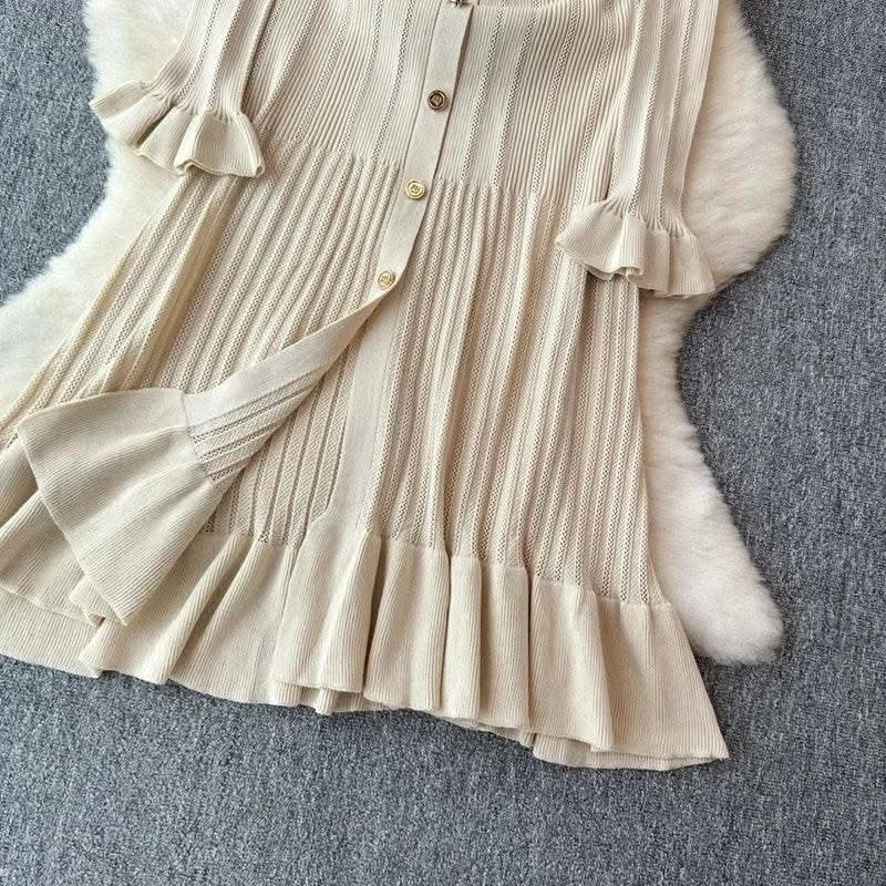 2024 Green Fashion Autumn Winter Knitted Long Dress French Style Letter Buttons Elegant Sweater Dress Lady Office Bodycon - M & M Global