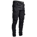 Men Street Elastic Denim Jeans Wash Solid Color Multi Pockets Cargo Pants Casual Slim Fit Daily Wear Joggers Mid Waist Trousers - M & M Global