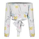 Women Sexy Off Shoulder Blouse Chic and Elegant Printing Lantern Long Sleeve Lace Up Bow Cropped Tops Casual Slim Shirts 2024