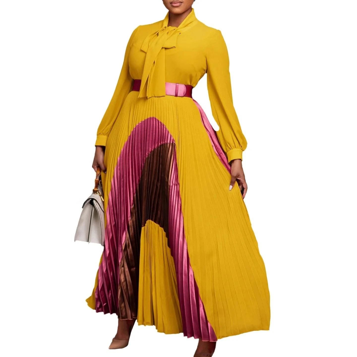 CM.YAYA Elegant Women Wraped Bow Neck Long Sleeve with Sashes Maxi Long Dress Chic INS Sexy Party Prom Big Swing Pleated Dresses - M & M Global
