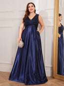 Plus Size Elegant Sequins Evening Dress For Women 2025 Deep V-neck Satin Prom Party Dress Floor Length Formal Gowns