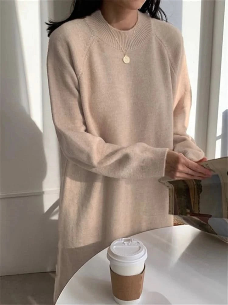 REALEFT Autumn Winter 2023 New O-Neck Casual Loose Knitted Dress Female Straight Long Sleeve Oversize Sweater Womens Long Dress - M & M Global