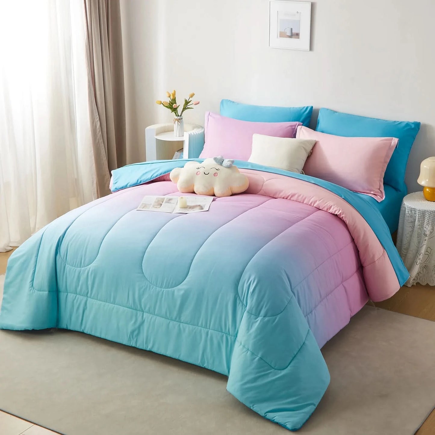 Gradient Comforter Set-7 Pieces in a Bag, Bedding Sets with Comforters,Flat Sheets, Fitted Sheet,2 Pillowcases & 2 PillowShams