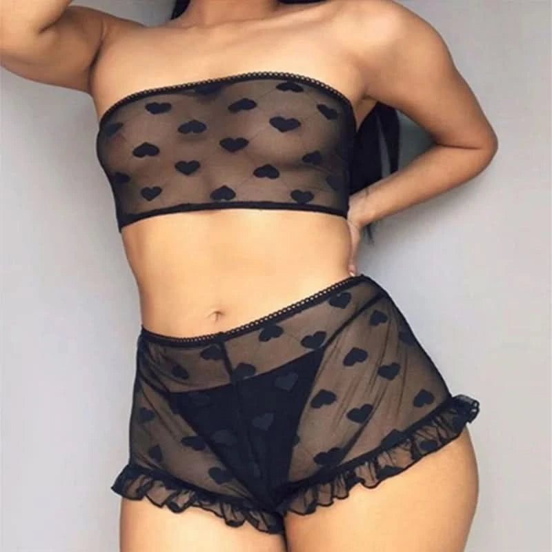 Strapless Bra Set Women Intimates Sheer Gauze Ruffles Lingerie Set Sexy Underwear Fancy Temptation Erotic Lingerie Bikini - M & M Global