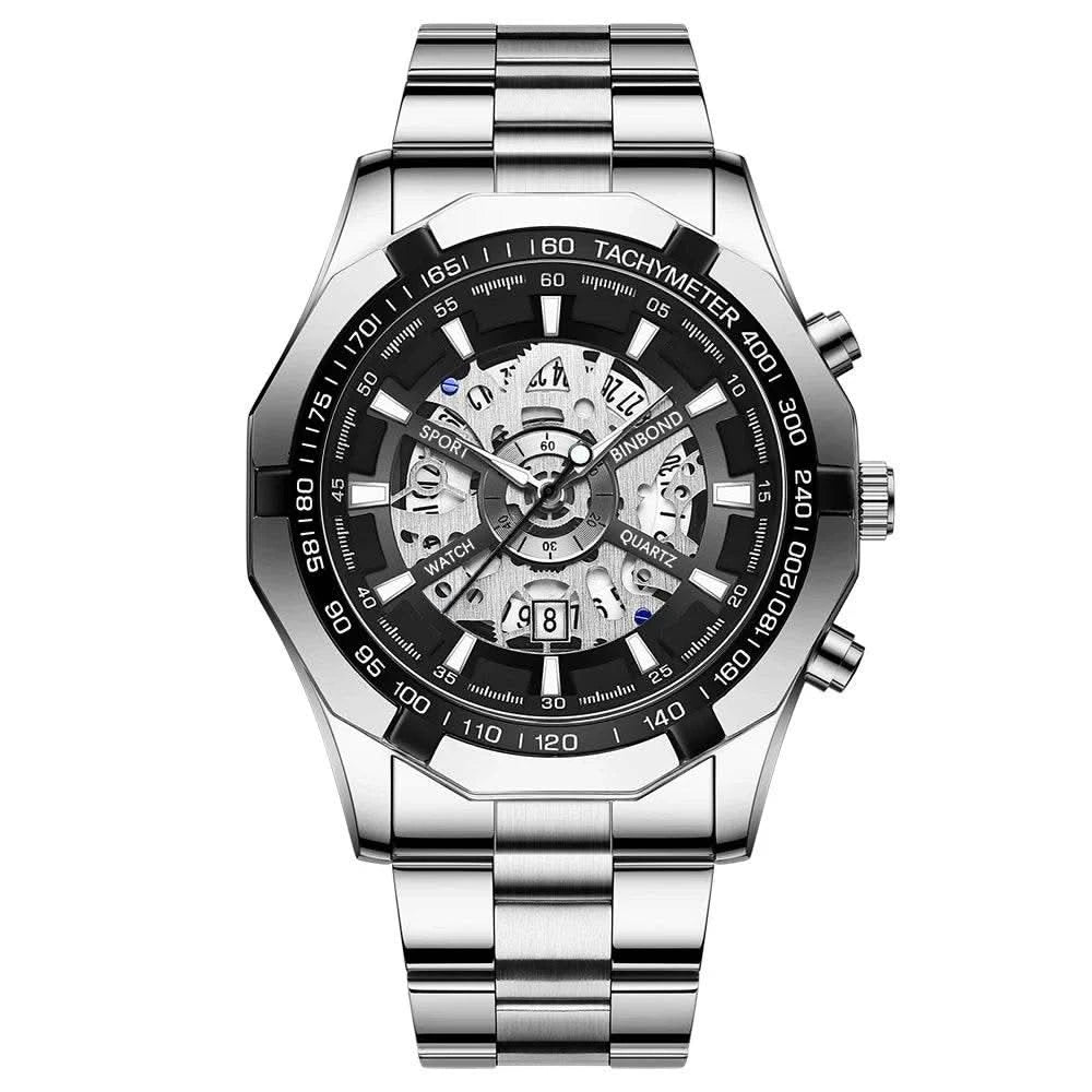 BINBOND Mens Quartz Watches Top Brand Luxury Stainless Steel Waterproof Hollow Out Blue Big Male Wristwatches Relogio Masculino - M & M Global