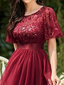 2023 New Women's Burgundy A-Line Sequin Mesh Leaf Maxi Prom Dress Sparkle Evening Dresses O-Neck Short Sleeve Long Dress - M & M Global