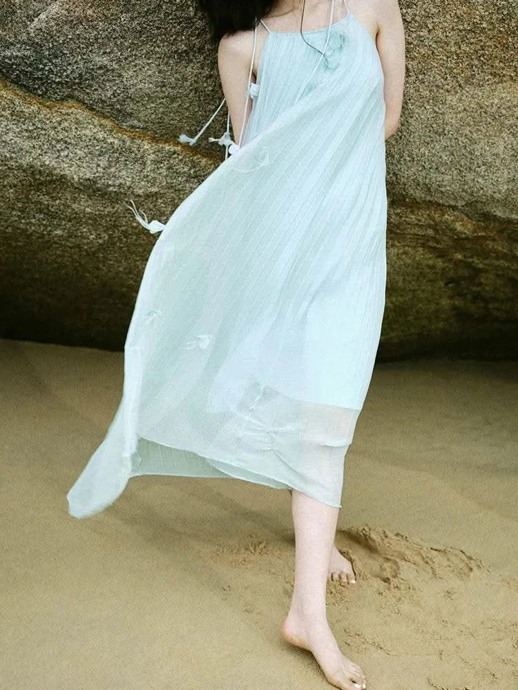 DUSHU Sleeveless Women Thin Long Dress Holiday Style Female Summer Spaghetti Strap Dress Green Women A-LINE Dress 24DS82796 - M & M Global