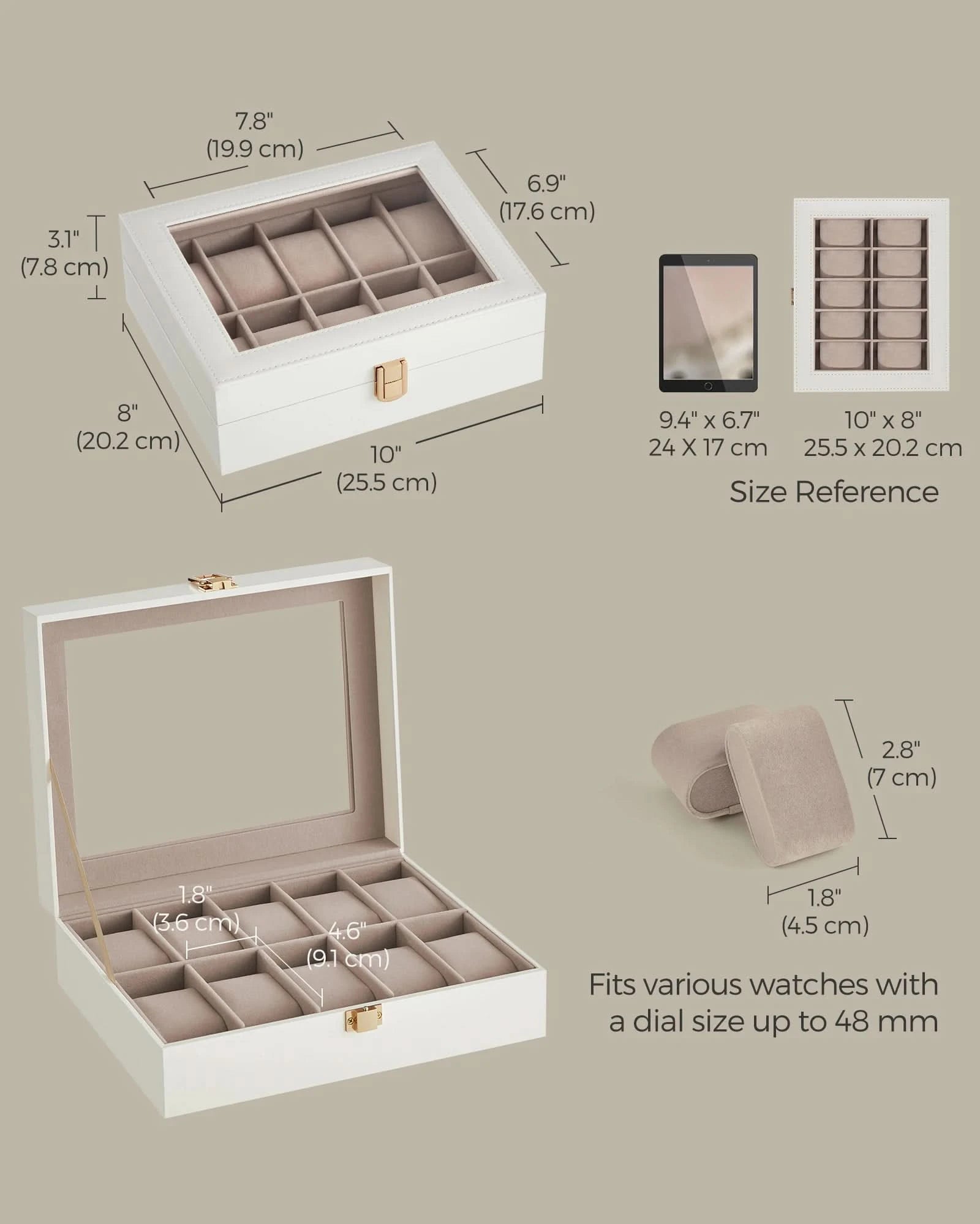 SONGMICS Watch Box, 10-Slot Watch Case with Large Glass Lid, Removable Watch Pillows, Watch Box Organizer, Gift for Loved Ones - M & M Global