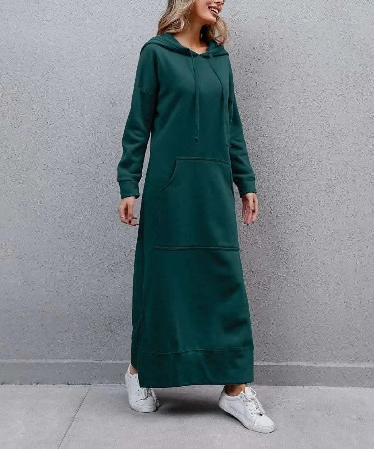 Autumn and Winter New Loose Size Knitted Hooded Long Dress Plush Casual Fashion Dress Large Pocket Skirt Women's Wear - M & M Global