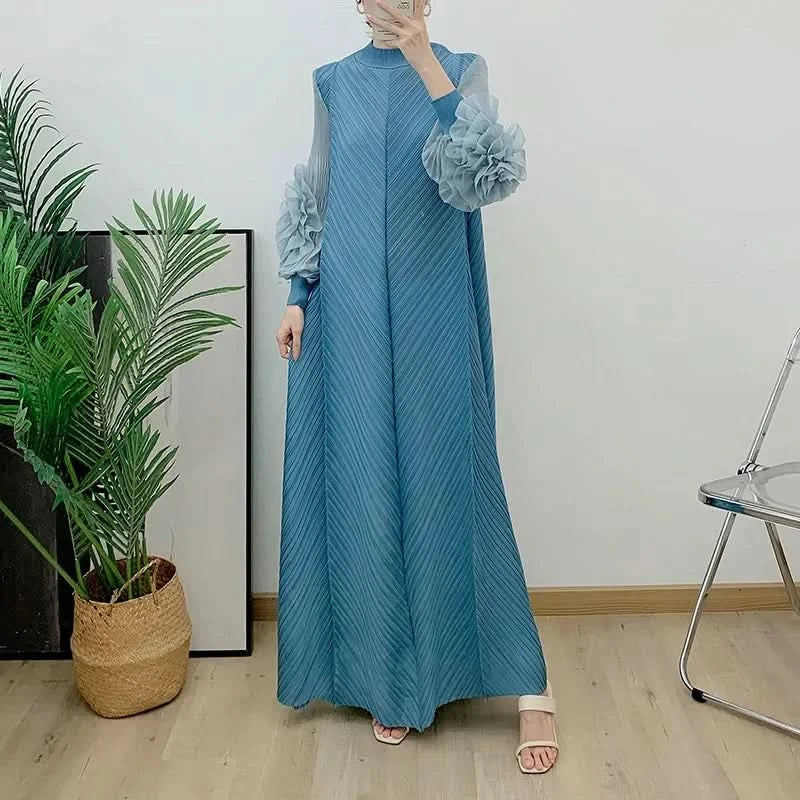 ANLAN Miyake Pleated Maxi Long Dress Mesh Petal Sleeve Half Turtleneck Formal Dresses for Women 2024 New Hot Sales 6KK9927 - M & M Global