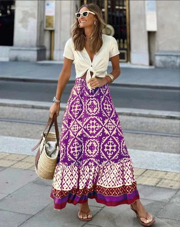 boho print maxi skirt women fashion high waist 3D printting long dress casual loose summer high waist skirts for women 2024 - M & M Global