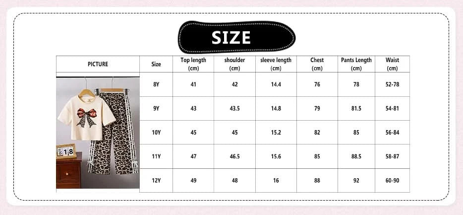 Children Clothing Sets Beige Bow Printed T-shirt & Striped Leopard Pants Trendy Girls Outfit Summer Clothing Sets 8-12 Kids Suit - M & M Global