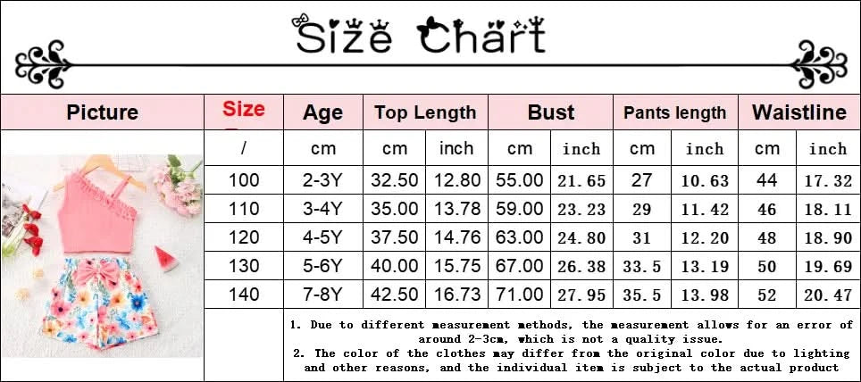 Girls Children Fashion Suit One Shoulder Top & Shorts Printed Floral Girl Summer Suspender Set Birthday Gift Fashion Suits - M & M Global