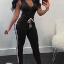 Women Deep V-neck Skinny Casual Striped Jumpsuits Zipper Work Out Sleeveless Long Overalls Grey Bodycon Workout Rompers