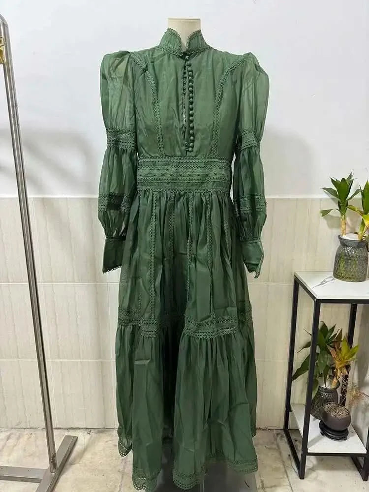 UCXQ Elegant Long Dress Fairy Style Stand Up Collar Lantern Sleeves Splicing Waist Fashion Dresses Women 2025 Spring Autumn 1351 - M & M Global