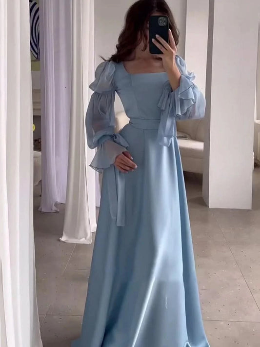 Eid Muslim Party Dress Women Sweet Puff Sleeve Long Dress Square Collar Vestidos Largo Ramadan Abayas Dubai Arab Long Robe 2024 - M & M Global