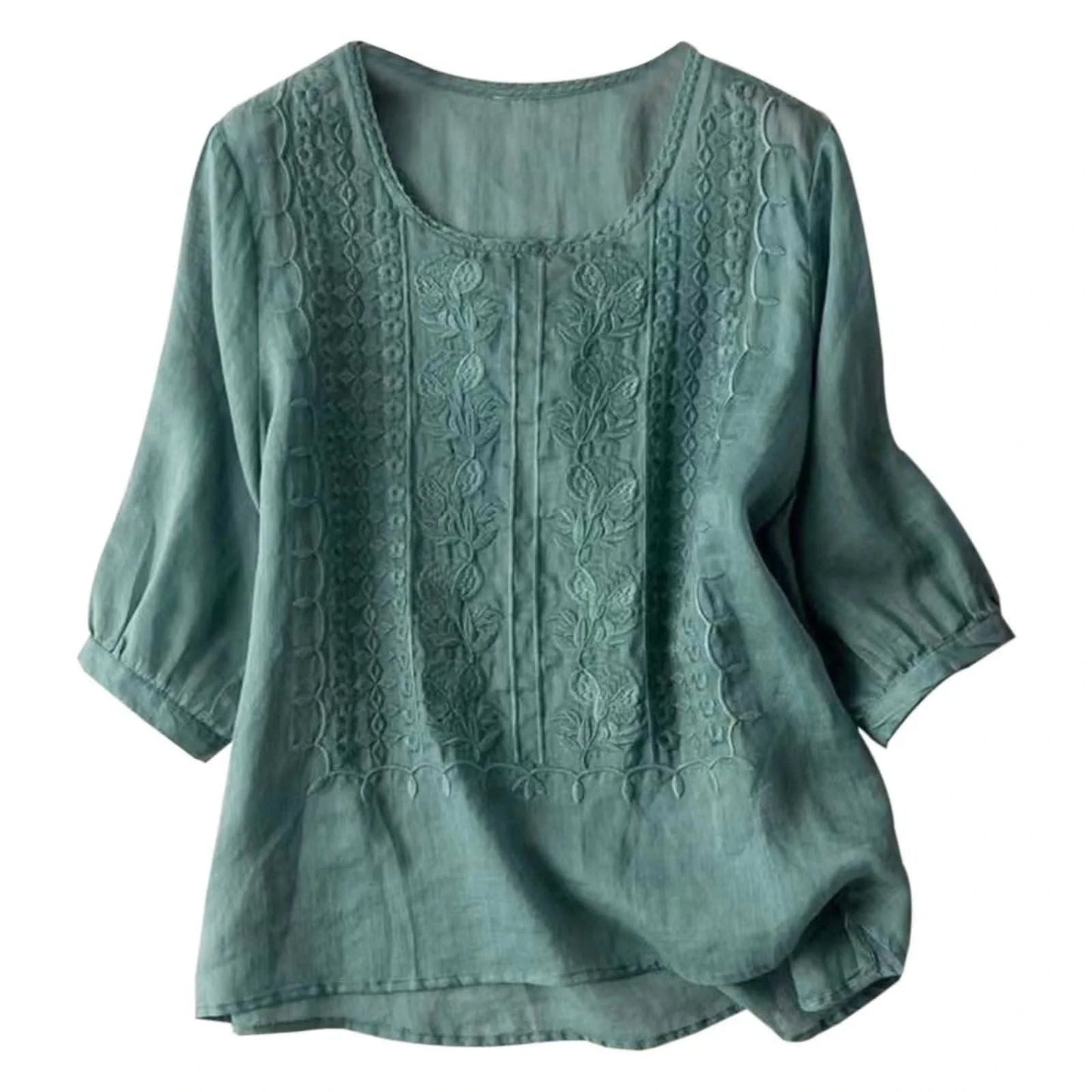Cotton Linen Blended Summer Blouse Women Embroidered Floral Thin Long Sleeve Blouses Round Neck Loose Female Top - M & M Global