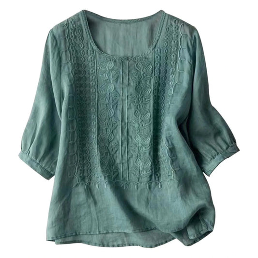 Cotton Linen Blended Summer Blouse Women Embroidered Floral Thin Long Sleeve Blouses Round Neck Loose Female Top - M & M Global
