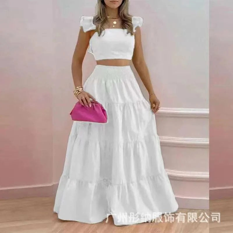 Dress Set Two-piece Women's Clothing Solid Color Sexy Suspender Large Swing Skirt Short Sleeved Square Neck Top Summer Outfits - M & M Global