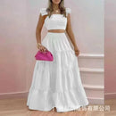 Dress Set Two-piece Women's Clothing Solid Color Sexy Suspender Large Swing Skirt Short Sleeved Square Neck Top Summer Outfits - M & M Global