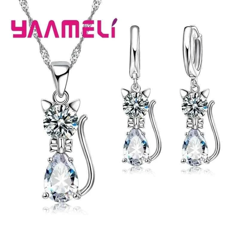 Real 925 Sterling Silver Color Jewelry Sets for Woman Girls Shining Austrian Crystal Cute Cat Pendant Necklace Huggie Earring - M & M Global