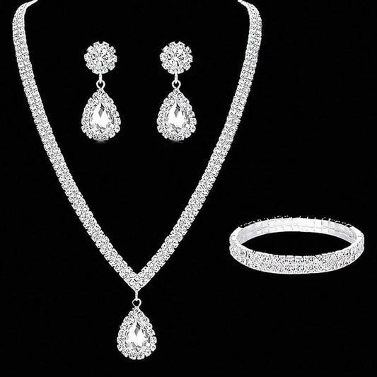 4 Pieces Luxurious Jewelry Set Exquisite Rhinestone Pendant Elegant Women's Crystal Silver Plated Necklace Earrings Bracelet Set - M & M Global