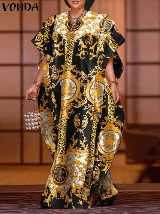 VONDA Plus Size 5XL Elegant Maxi Long Dress 2024 Fashion Satin Dress Sexy Printed Patchwork Bat-wing Sleeve Vestidos Ruffle Robe - M & M Global