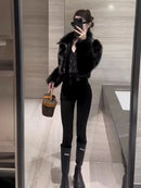 Autumn Winter Now Locomotive Wind Hottie Sweet Cool Fashion Coat Women Patchwork Imitation Fox Fur Leather and Fur Solid Tops