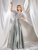 Elegant Short Sleeve Satin Patchwork Sequins V-neck Formal Evening Dresses 2026 Luxury Women A-Line Party Cocktail Prom Gowns