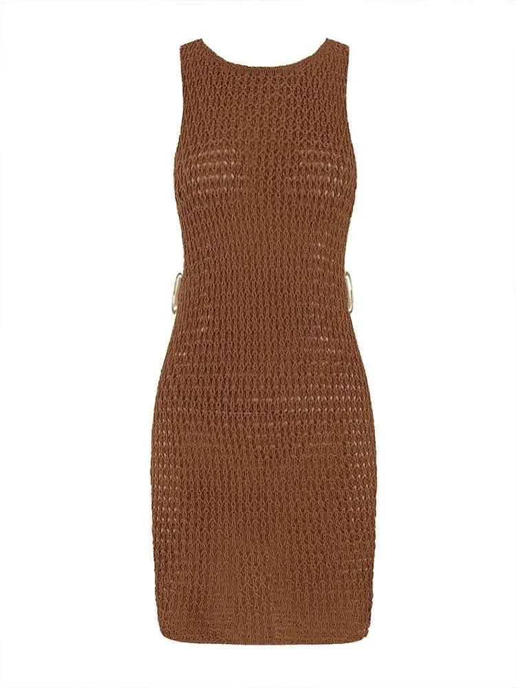 2024 Summer Sexy One Neck Cut Out Circle Decoration Corset Slim Beach Mini Dress Women Seaside Beachwear Swimwear Cover Up A2796 - M & M Global