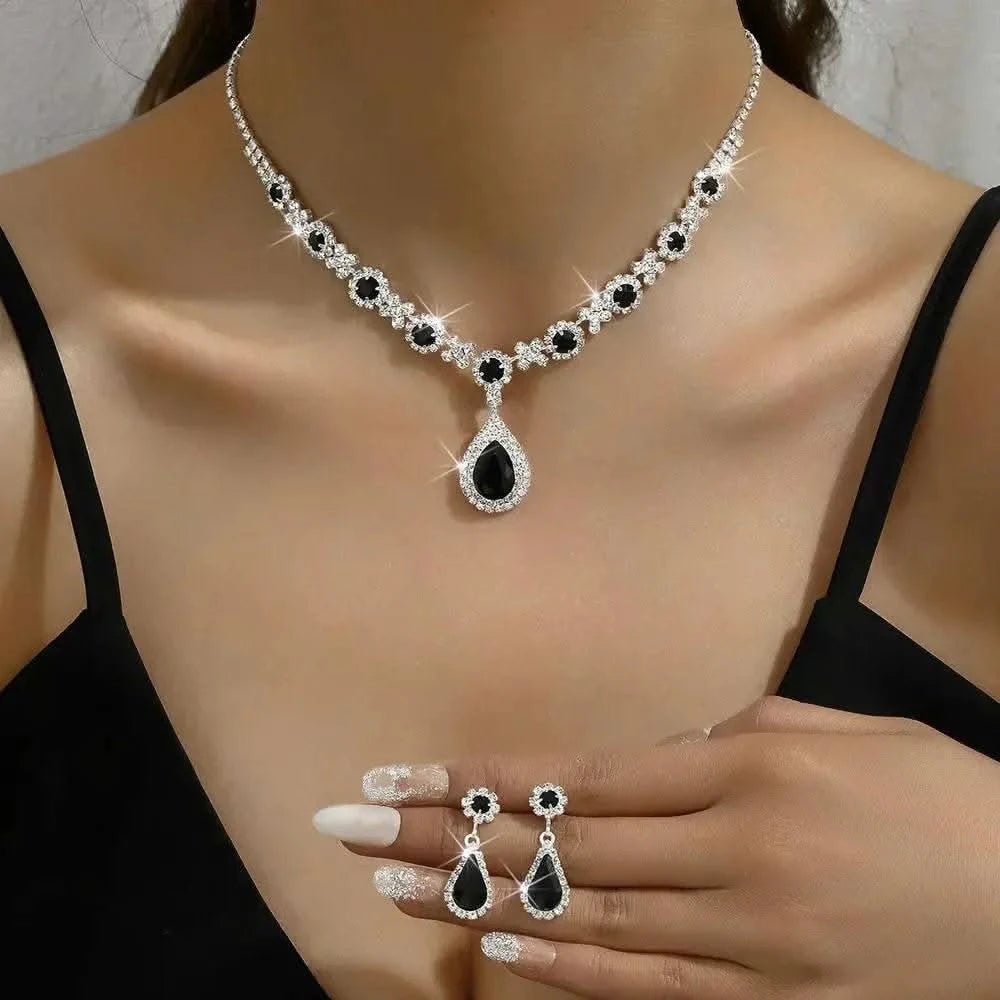 2pcs/set Jewelry Sets Women Elegant Waterdrop Rhinestone Pendant Necklace stud Earrings Wedding Dress Bridal Jewelry Set - M & M Global