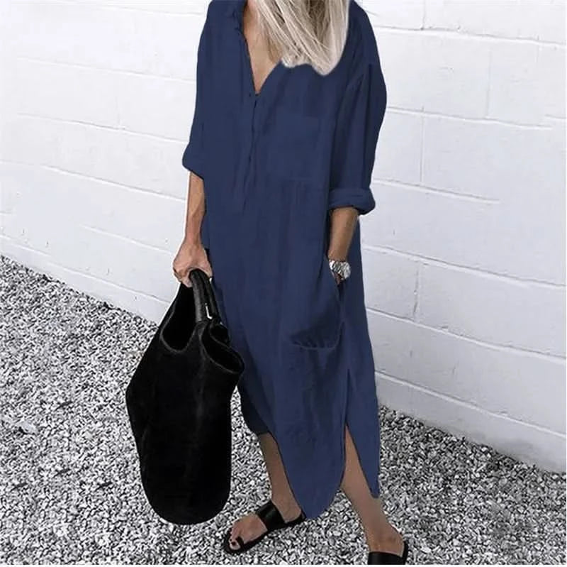 Spring Summer Women's Solid Color Loose Split Shirt Midi Dress Elegant Casual Button Pocket V-Neck Long Sleeve Long Dress 2024 - M & M Global