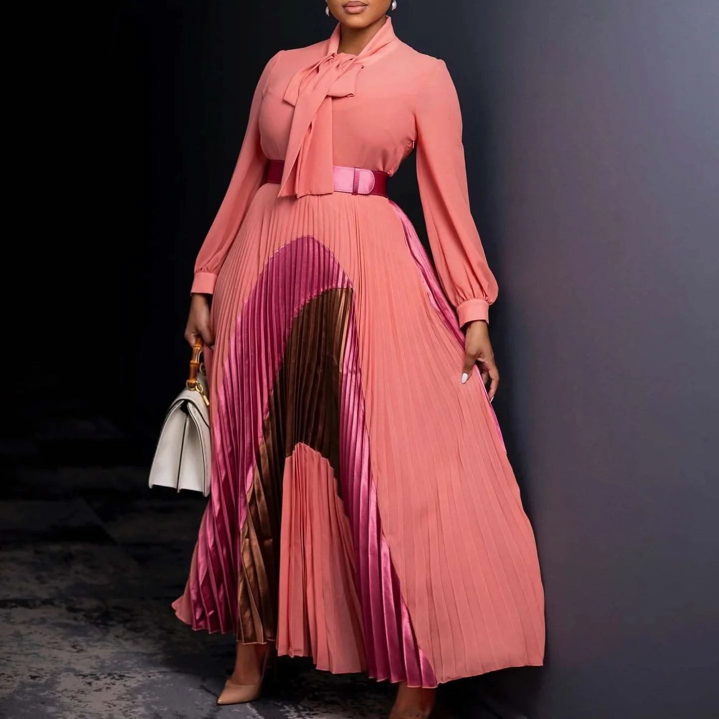 CM.YAYA Elegant Women Wraped Bow Neck Long Sleeve with Sashes Maxi Long Dress Chic INS Sexy Party Prom Big Swing Pleated Dresses - M & M Global
