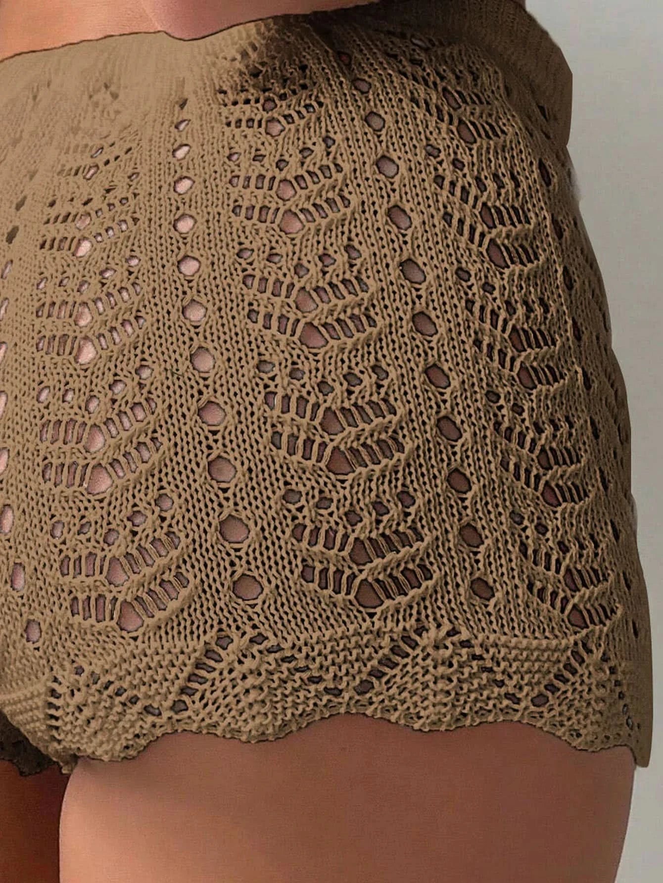 Polyester100.00% Hollow Drawstring Open Waist Knitted Bikini Blocked Women's Shorts - M & M Global