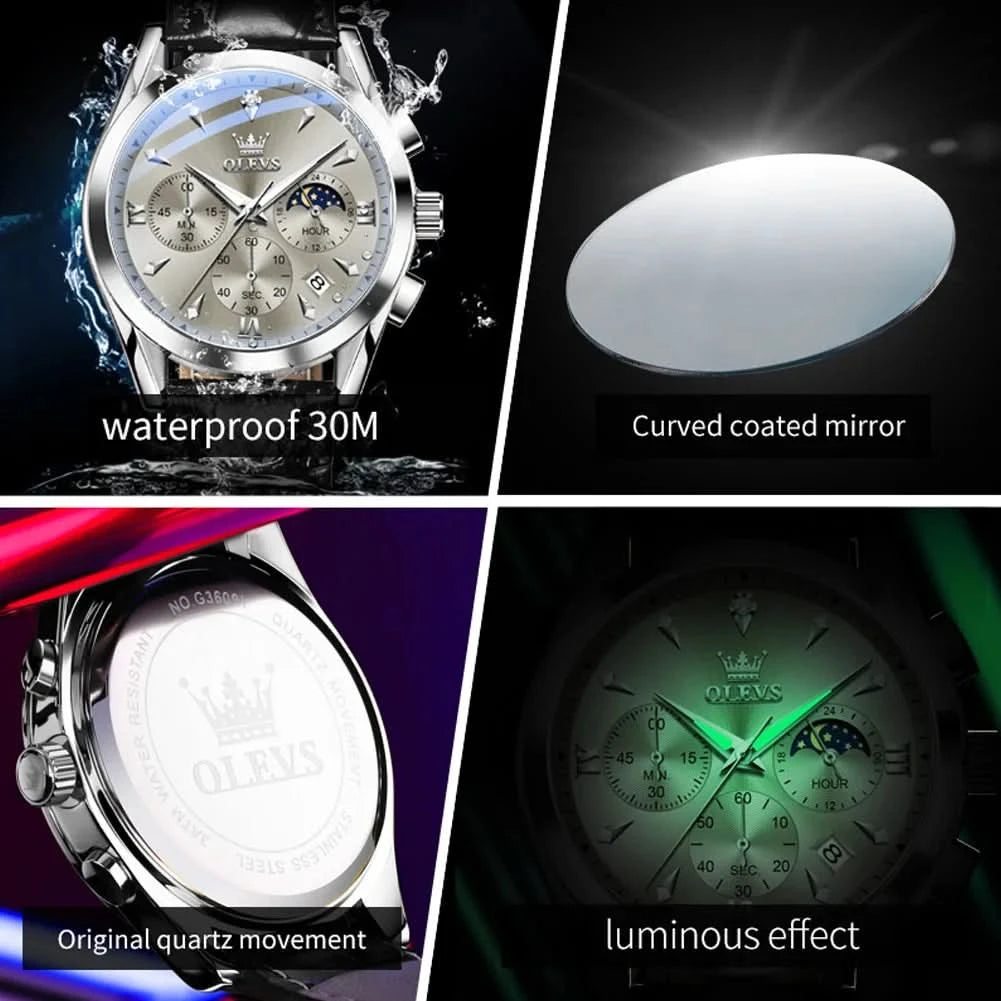 OLEVS Original Watch Leather Strap Moon Phase Luminous Quartz Watches for Man Waterproof Calendar Business Trend Wristwatch - M & M Global