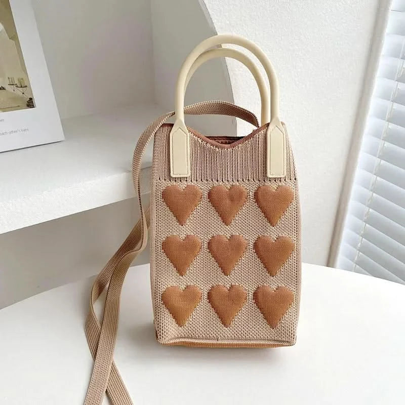 Korean Fashion Heart Knitted Mini Square Handbag for Women Small Mobile Phone Shoulder Bags Girls Cute Outdoor Crossbody Bags - M & M Global